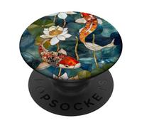 Koi Carp Fish Lotus Flowers Floral Stained Art Deco Blue PopSockets Adhesive PopGrip