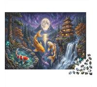 Koi Fish 1000 Pcs Recycled Cardboard Moonlit Ancient Pagoda DIY Jigsaw Puzzle Moonlit Ancient Pagoda Gift Cognitive Stimulation Group Activity Home Decor 52x38cm/1000pcs
