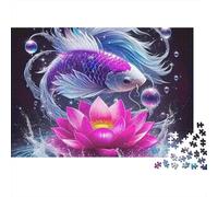 Koi Fish 1000pc Jigsaw Puzzle for Adults Purple Betta Fish Above Pink Lotus Premium Thick Sturdy Vibrant Challenging Stress Relief Family Game 38x26cm/1000pcs