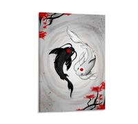 Koi Fish Art Print Japanese Style Wall Decor Black And White Poster with Red Accents Asian Inspired Home Decor Modern Minimalist Artwork for Living Room Bedroom Gift 24x36inch(60x90cm) Framed