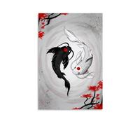 Koi Fish Art Print Japanese Style Wall Decor Black And White Poster with Red Accents Asian Inspired Home Decor Modern Minimalist Artwork for Living Room Bedroom Gift 16x24inch(40x60cm) Unframed