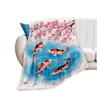 Koi Fish Blanket Japanese Cherry Blossoms Throw Blanket Chinese Eastern Soft Cozy Fleece Fuzzy Stuffed Plush Asian Flannel Gifts for Girls Women Boys Kids Adults 40''x50''