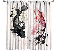 Koi Fish Curtains, Yin Yang Japanese Koi Sakura Cherry Blossom Room Darkening Blackout Window Curtains, Window Treatment Decor for Living Room 21" W x 63" L x2【Blackout】