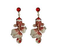 Koi Fish Dangle Earrings - Exquisite Red & White Enamel Carp Drop Earrings for Women