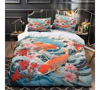 Koi Fish Duvet Cover 3D Design Printed Wrinkle-Resistant 3 Pieces Bedding Set Zipper Japanese Wave Comforter Cover Ultra Soft Durable for Teens Kids Girls Boys Women Adults Double（200x200cm）