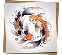 Koi Fish Greeting Card 145 x 145 mm Square - Japanese Art Design, Blank Inside - Birthday, Anniversary, Good Luck - Includes Kraft Envelope