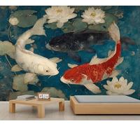 Koi Fish Lotus Mural Turquoise Retro Wallpaper Lotus Leaf Golden Ripples Room Wallpaper Deep Blue Lake Wall Paper for Bedroom Mural Poster for Living Room Bedroom Kids Room Decor 100X70cm