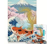 Koi Fish Noodles Ukiyo-e Style Jigsaws 1000 Pieces for Adults Brain Exercise Snug Edge Real Challenge Art Display (38x26cm)