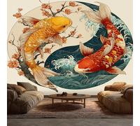 Koi Fish Wallpaper - Japanese Wave Cherry Blossom Wall Paper, Asian Oriental Home Decor, Non-Woven Waterproof Wallpapers for Bedroom Living Room, Feature Walls Mural 150x105 cm H100