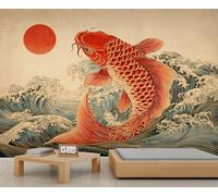 Koi Fish Wallpaper The Great Wave Wall Paper Mural Rising Sun Girl Wallpaper Beige Antique Paper Texture Wall Paper for Living Room Bedroom Mural Poster 450X300cm