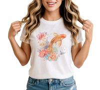 Koi Fish Watercolor Floral Womens Graphic T-Shirt Nature Aquatic Animals Tee 2XL White