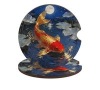 Koi in Moonlit Pond Car Cup Coasters 2 Pack Absorbent Cup Holder Coasters with A Finger Notch and Cork Base Cute Wood Coaster Cars Interior Accessories for Women Men