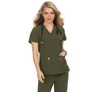 KOI Next Gen Hustle and Heart Women's 3-Pocket Stretch Scrub Top, Olive Green, S