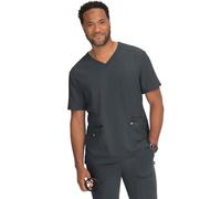 KOI Next Gen Men's Free to Be V-Neck 4 Pocket Scrub Top, 4-Way Stretch, ID Bungee Loop, Charcoal, Large