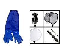 Koi Pond Cleaning Kit - 4-in-1 Set Includes String Algae Scrubbing Brush, Skimming Net & Fish Catching Net with 6 FT Telescopic Pole and Full Arm Pond Gloves