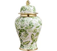 KOIAMVZW Ceramic Vases Ginger Jar with Lid for Home Decor,White Green Leaf Pattern Temple Jar Vase Traditional Chinese Porcelain Dried Flower Vases Decoration for Living Room