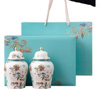 KOIAMVZW Decorative Ginger Jars for Home Decor, Small Ceramic Vase Gold Accent, Chinese Porcelain Storage Jar with Lid, 2 Pack in Gift Box