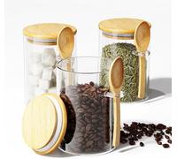 KOIKEY Glass Containers with Lids, 450ml Glass Storage Jars with Bamboo Lids & Spoons, Tea Coffee Sugar Canisters, Small glass jars with lids gifts for women