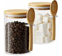 KOIKEY Tea Coffee Sugar Canisters, 2 Pack 450ml Glass Sugar Container with Spoon, Airtight Glass Storage Jars with Bamboo Lid for Coffee Beans, Brown Sugar, Flour, Spices, Nuts & Sweets