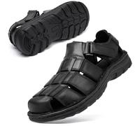 KOIMED Men's Hiking Leather Sandals Closed Toe Water Shoes For Summer Athletic Outdoor Walking Sports Trail River Fishing Wide Adjustable Waterproof Arch Support, Fisherman Leather -Black, 9 UK