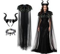 KOIROI Maleficent Women's Halloween Costume, Black Tulle Cape Long with Feather Collar, Evil Queen Horns and Gothic Necklace, Devil Costumes for Carnival Cosplay Party