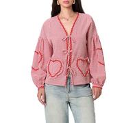 Koitniecer Women Long Sleeve Tie Front Top Y2k Gingham V Neck Blouse Summer Autumn Plaid Print Shirt with Heart Pockets (Rose Red, XL)