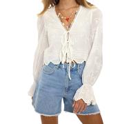 Koitniecer Women Y2K Button Up Tie Front Shirt Long Sleeve V Neck Embroidered Eyelet Top Boho Lightweight Cropped Blouse (Tie-White, M)