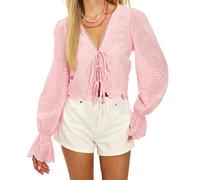 Koitniecer Women Y2K Button Up Tie Front Shirt Long Sleeve V Neck Embroidered Eyelet Top Boho Lightweight Cropped Blouse (Tie-Pink, L)