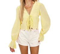 Koitniecer Women Y2K Button Up Tie Front Shirt Long Sleeve V Neck Embroidered Eyelet Top Boho Lightweight Cropped Blouse (Tie-Yellow, S)
