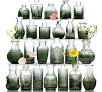 KOIUEYW Glass Bud Vases Set, 24 Pcs Light Green Glass Vases Vintage Clear Small Green Vases for Centerpieces, Green Rose Vase Mini Vases for Flowers Rustic Wedding Decorations Table Home Decor