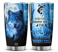 KOIXA Wolf Coffee Cup Tumbler With Lid 20oz You Cant Throw Me To The Wolves They Come When I Call Wildlife Animal Travel Mug Wolf Things For Wolf Lovers Wolf Birthday Gifts For Men