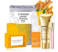 Kojic Acid And Turmeric Skincare Set - Exfoliating Face Wash Set - Turmeric Soap, Exfoliating Pads, Foaming Cleanser With Brush, Collagen Night Mask - Full Body Use For Day & Night
