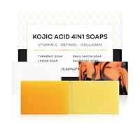 Kojic Acid Soap Bars Set- Turmeric, Snail Mucin, Charcoal and Lemon - 4 Assorted Dark Spot Remover Soaps with Hyaluronic Acid, Vitamin C, Vitamin E and Shea Butter, with 2 Bubbling Nets