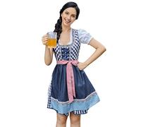 KOJOOIN Women Traditional Dirndl Dress 3 Pieces Midi Dress-Oktoberfest SkirtCostume Fancy Dress,Blouse,Apron Plaid Blue XL