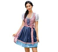 KOJOOIN Women Traditional Dirndl Dress 3 Pieces Midi Dress-Oktoberfest SkirtCostume Fancy Dress,Blouse,Apron Plaid Red L