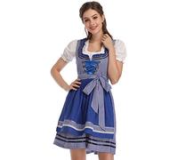 KOJOOIN Women Traditional Dirndl Oktoberfest Costume 3 Pieces Fancy Midi Skirt - Dress, Blouse, Apron Checkered Blue UK XXL