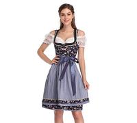 KOJOOIN Women Traditional Dirndl Oktoberfest Costume 3 Pieces Fancy Midi Skirt - Dress, Blouse, Apron Navyblue-Pink UK L