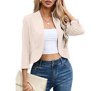 KOJOOIN Womens Cropped Blazer Casual Business 3/4 Sleeve Collarless Open Front Cardigan Work Jacket Shrug, Apricot, M