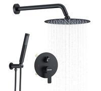 KOJOX 12-Inch Matte Black High-Pressure Shower System: Complete Set with Rainfall & Handheld Shower Heads, Wall-Mounted Mixer Faucet, Rough-In Valve, & Trim Kit for Bathroom