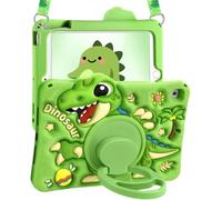 Kokaade for iPad 9.7 Inch for iPad 6th/5th Generation Case 2018 2017 - Soft Silicone Cute Cartoon Green Dinosaur with Shoulder Strap & Rotating Stand 3D for Boys Girls Teens for Air1 Air2