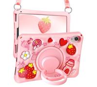 Kokaade for iPad Mini 7 A17 Pro Case - with Shoulder Strap & Rotating Stand Soft Silicone Cute Cartoon for iPad Mini 7th/6th Generation Kawaii for Women Girls Girly Kid Teens Cover, Strawberry