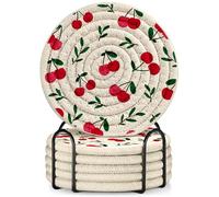 Kokaaee Cup Coasters for Drinks Absorbent - for Coffee Wooden Table Office Cute Farmhouse Outdoor Rustic Desk Kawaii Woven Women Girls Kids Soft Cloth Braided Fabric Girly Cherry Coaster with Holder