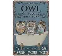 KOKITS Cute Decor Metal Tin Sign Owl Bath Soap Tablished Wash Your Toes Tin Funny Owls Bathroom Decor Vintage Owl Poster Bar Club Funny Kitchen Retro Parlor Garage Gifts for Mom Dad 8X12 Inch