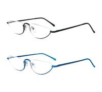 KoKoBin 2 Pack Reading Glasses Unisex Half Moon Half Frame Metal Spring Hinge Slim Reader (Black Blue, 1.5, Dioptres)