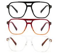 KoKoBin 3 Pack Oversized Pilot Vintage Reading Glasses Men and Women Square Spring Hinge Glasses Anti Light Blue Computer Reader (Black, red, transparent, 2, x)