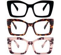 KoKoBin 3 Pack Oversized reading glasses women's square reader with spring hinges for computers (3 Pack（Black、Pink leopard、Brown leopard）, 2.5, Dioptres)