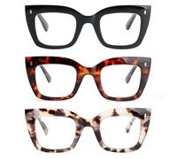 KoKoBin 3 Pack Oversized Square-Frame Reading Glasses for Women Blue Light Blocking Spring Hinge Reader (Black, Tortoiseshell, Grey Tortoiseshell, 2, Dioptres)