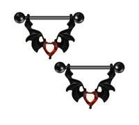 Kokoma 14G Gothic Black Wings Nipple Rings with Red Crystal Heart Stainless Steel Barbell Nipplerings Bat Nipple Piercing Shield Halloween Costume Party Body Jewelry