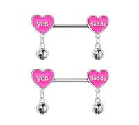 Kokoma 14G Pink Heart Nipple Rings with Jingle Bell Dangle Charm, Yes Daddy Letter Nipplerings Nipple Shield Barbell Piercing Stainless Steel Body Piercing Jewelry