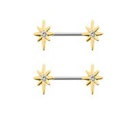 Kokoma 14G Star Nipple Rings for Women, Stainless Steel Double Flower with Cubic Zirconia Straight Tongue Rings Barbell Bar Nipple Piercing Body Jewelry, 14 Gauge, Stainless Steel, no gemstone